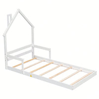 Twin Size House-Shaped Headboard Floor Bed With Handrails ,Slats