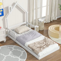 Twin Size House-Shaped Headboard Floor Bed With Handrails ,Slats