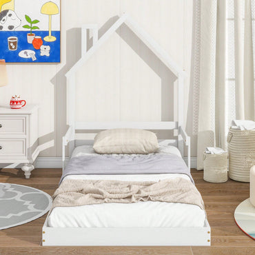 Twin Size House-Shaped Headboard Floor Bed With Handrails ,Slats