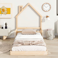 Twin Size House-Shaped Headboard Floor Bed With Handrails ,Slats