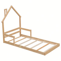 Twin Size House-Shaped Headboard Floor Bed With Handrails ,Slats