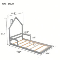Twin Size House-Shaped Headboard Floor Bed With Handrails ,Slats