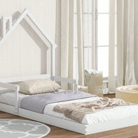Twin Size House-Shaped Headboard Floor Bed With Handrails ,Slats