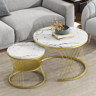 2-Piece Nesting Coffee Table With Marble Grain Table Top, Golden Iron Frame, For Living Room, Balcony