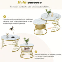 2-Piece Nesting Coffee Table With Marble Grain Table Top, Golden Iron Frame, For Living Room, Balcony