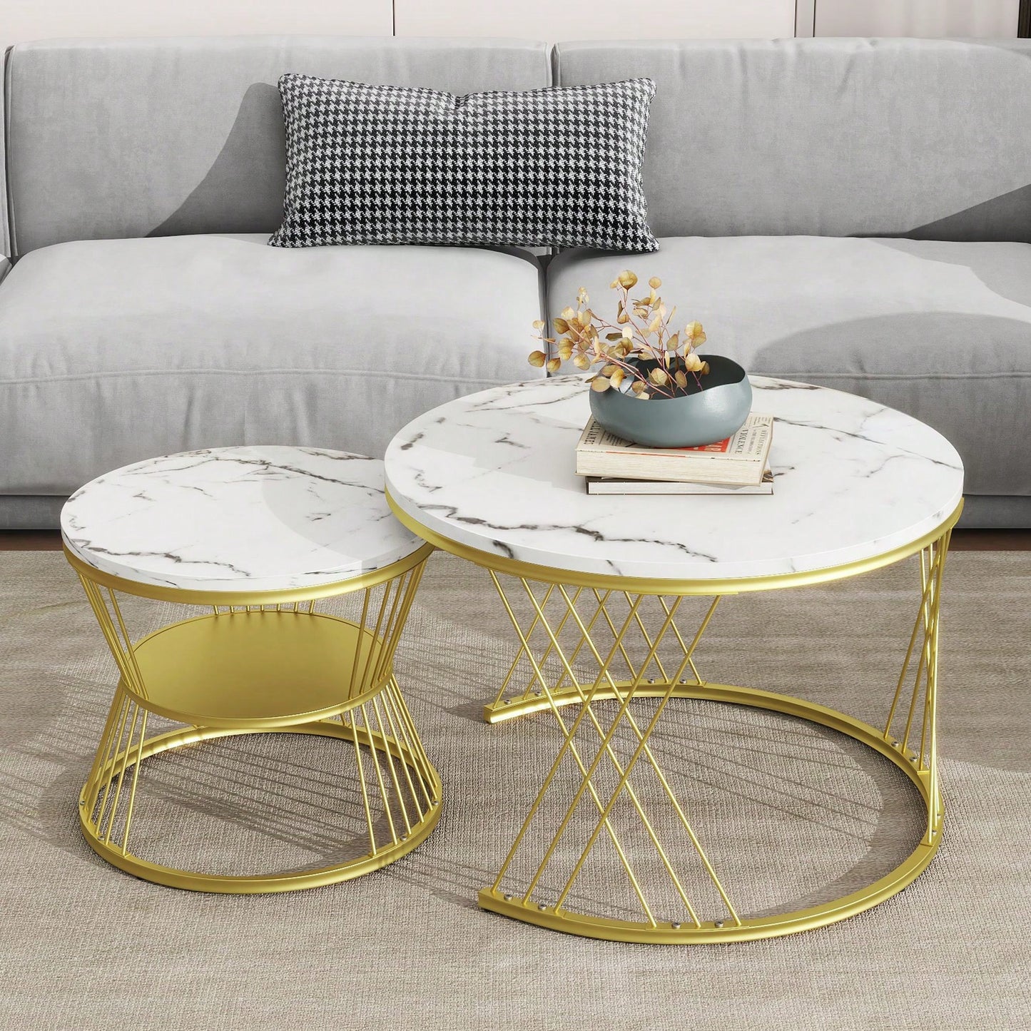 2-Piece Nesting Coffee Table With Marble Grain Table Top, Golden Iron Frame, For Living Room, Balcony