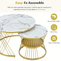 2-Piece Nesting Coffee Table With Marble Grain Table Top, Golden Iron Frame, For Living Room, Balcony