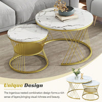 2-Piece Nesting Coffee Table With Marble Grain Table Top, Golden Iron Frame, For Living Room, Balcony