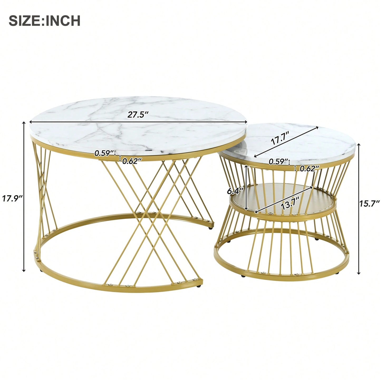 2-Piece Nesting Coffee Table With Marble Grain Table Top, Golden Iron Frame, For Living Room, Balcony