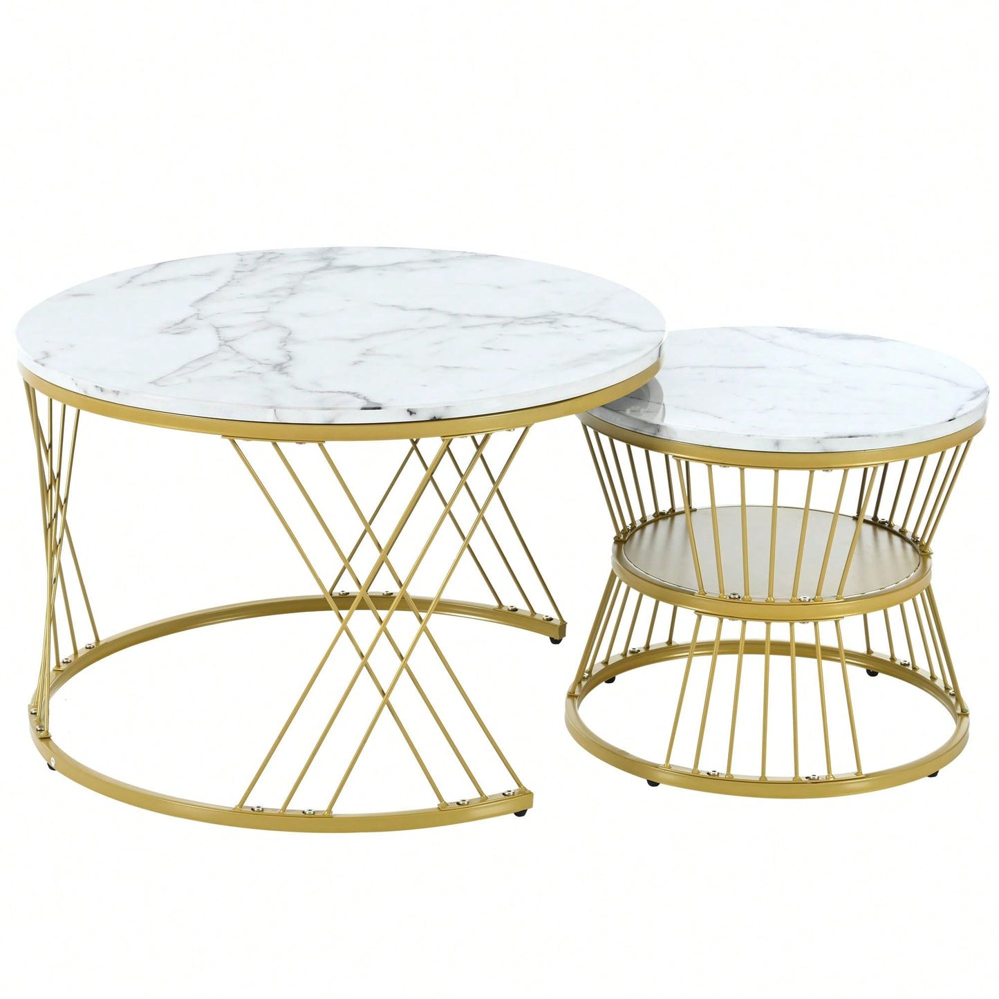 2-Piece Nesting Coffee Table With Marble Grain Table Top, Golden Iron Frame, For Living Room, Balcony