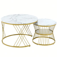 2-Piece Nesting Coffee Table With Marble Grain Table Top, Golden Iron Frame, For Living Room, Balcony