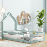 Twin Size Wood Bed With House-Shaped Headboard Floor Bed With Fences