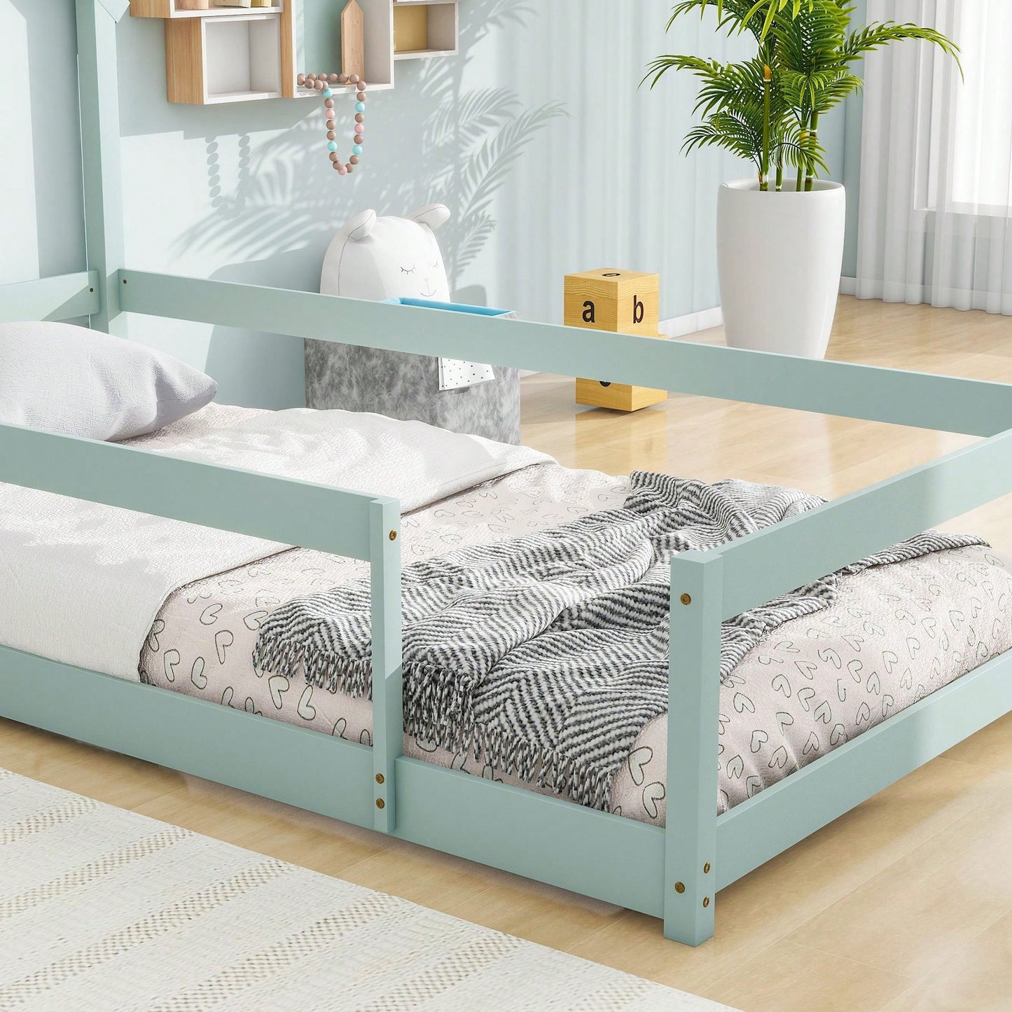 Twin Size Wood Bed With House-Shaped Headboard Floor Bed With Fences