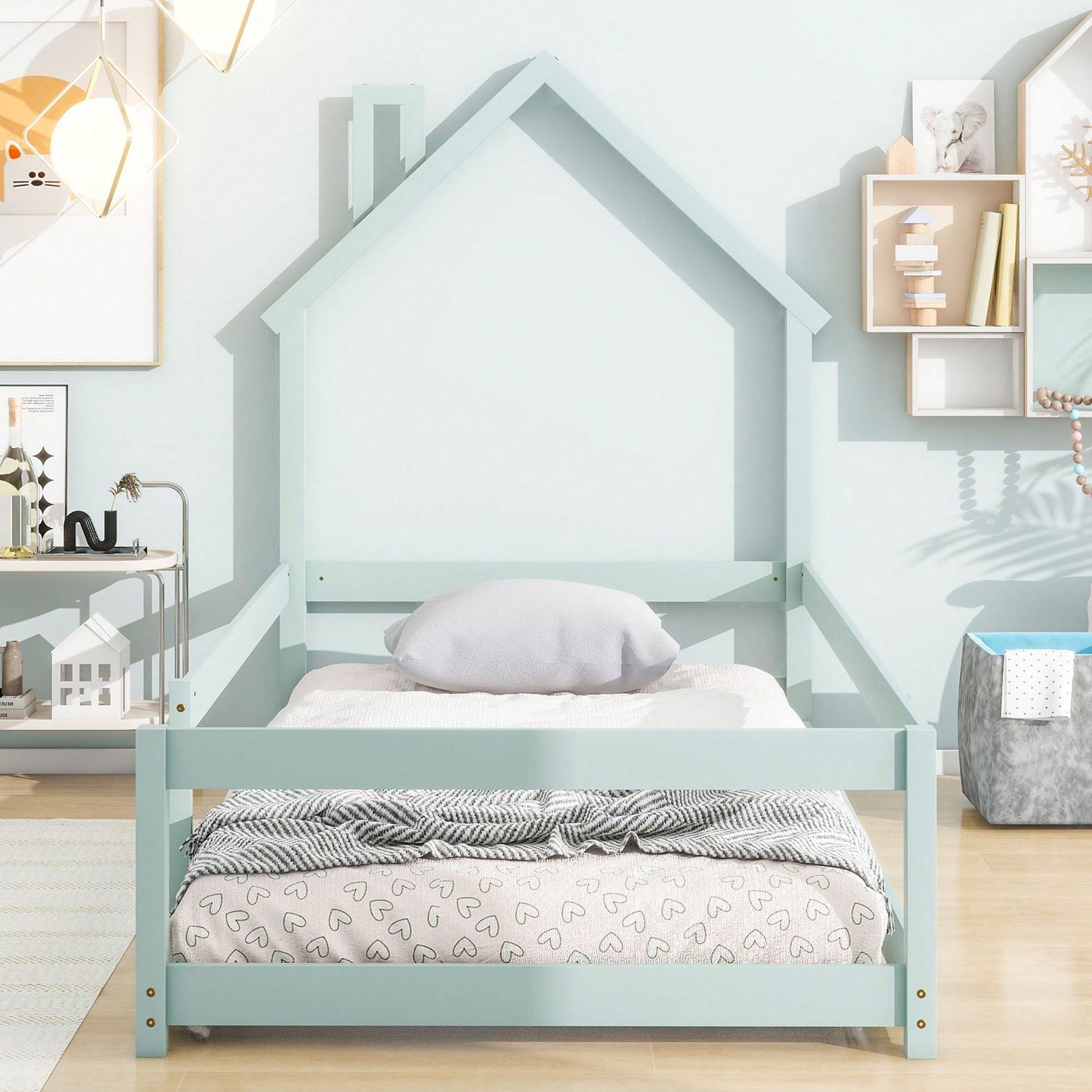 Twin Size Wood Bed With House-Shaped Headboard Floor Bed With Fences