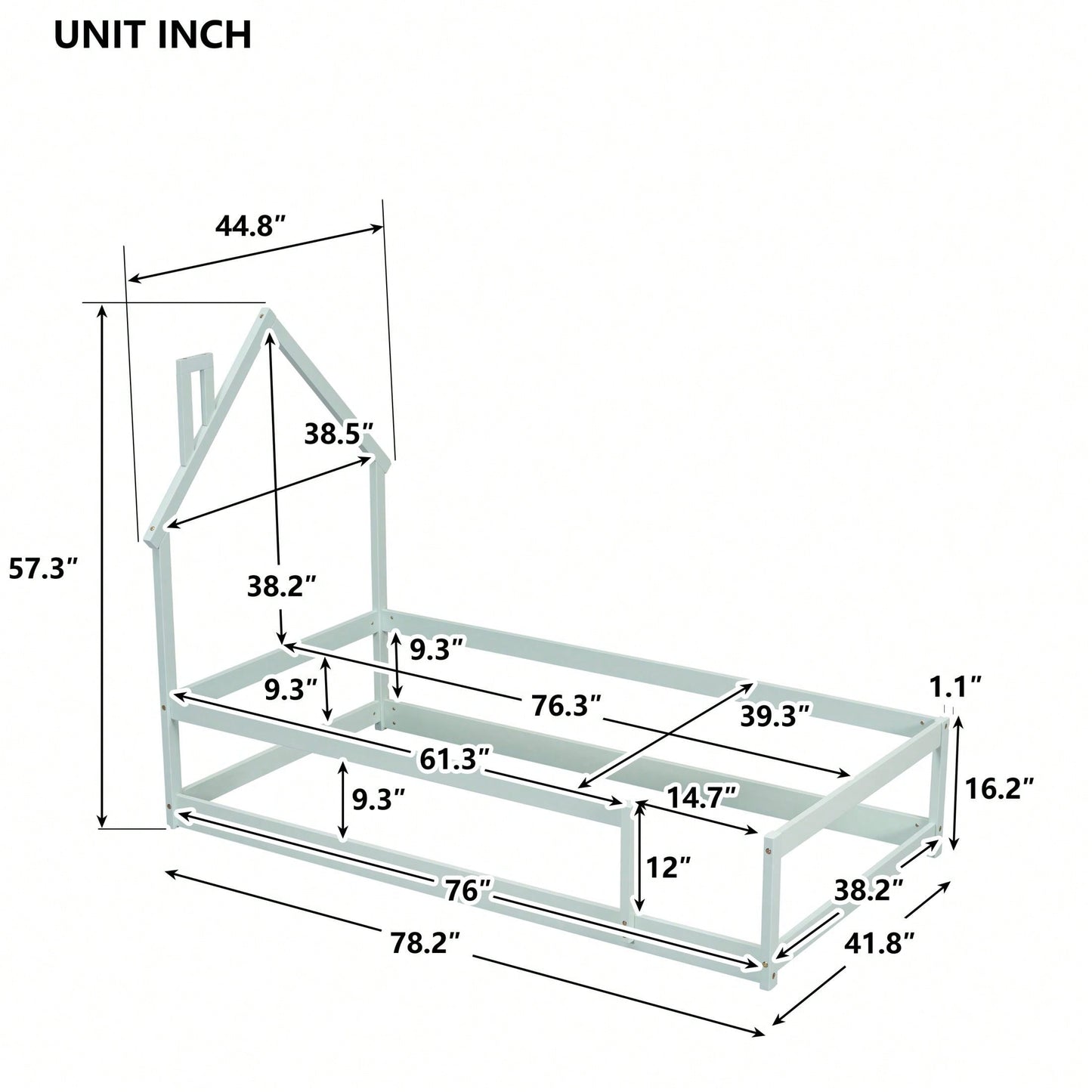 Twin Size Wood Bed With House-Shaped Headboard Floor Bed With Fences