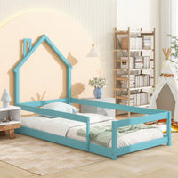 Twin Size Wood Bed With House-Shaped Headboard Floor Bed With Fences