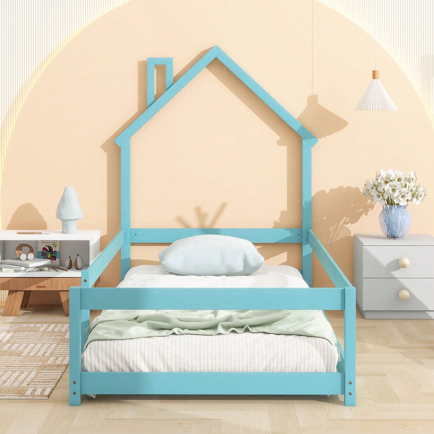 Twin Size Wood Bed With House-Shaped Headboard Floor Bed With Fences