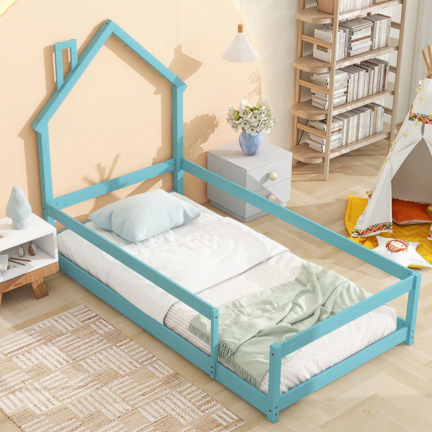 Twin Size Wood Bed With House-Shaped Headboard Floor Bed With Fences