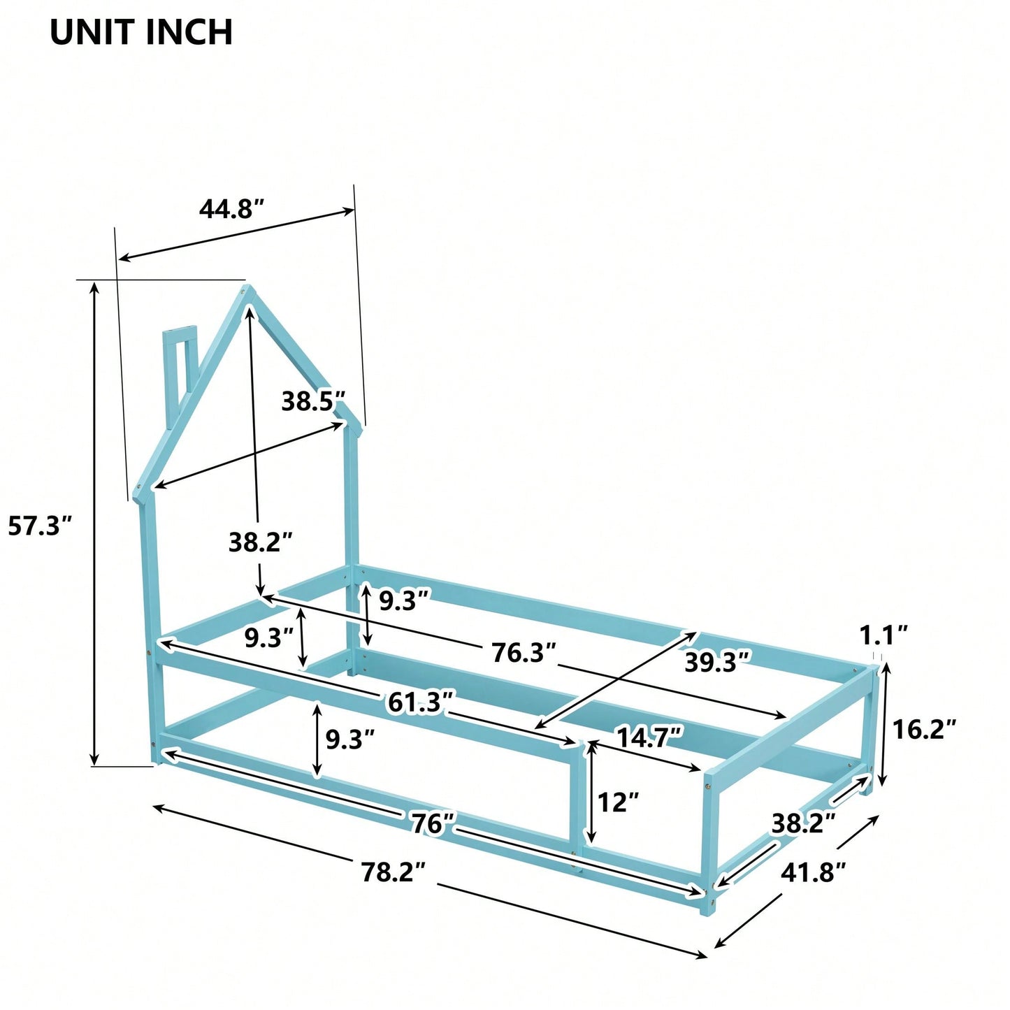 Twin Size Wood Bed With House-Shaped Headboard Floor Bed With Fences