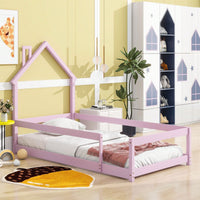 Twin Size Wood Bed With House-Shaped Headboard Floor Bed With Fences