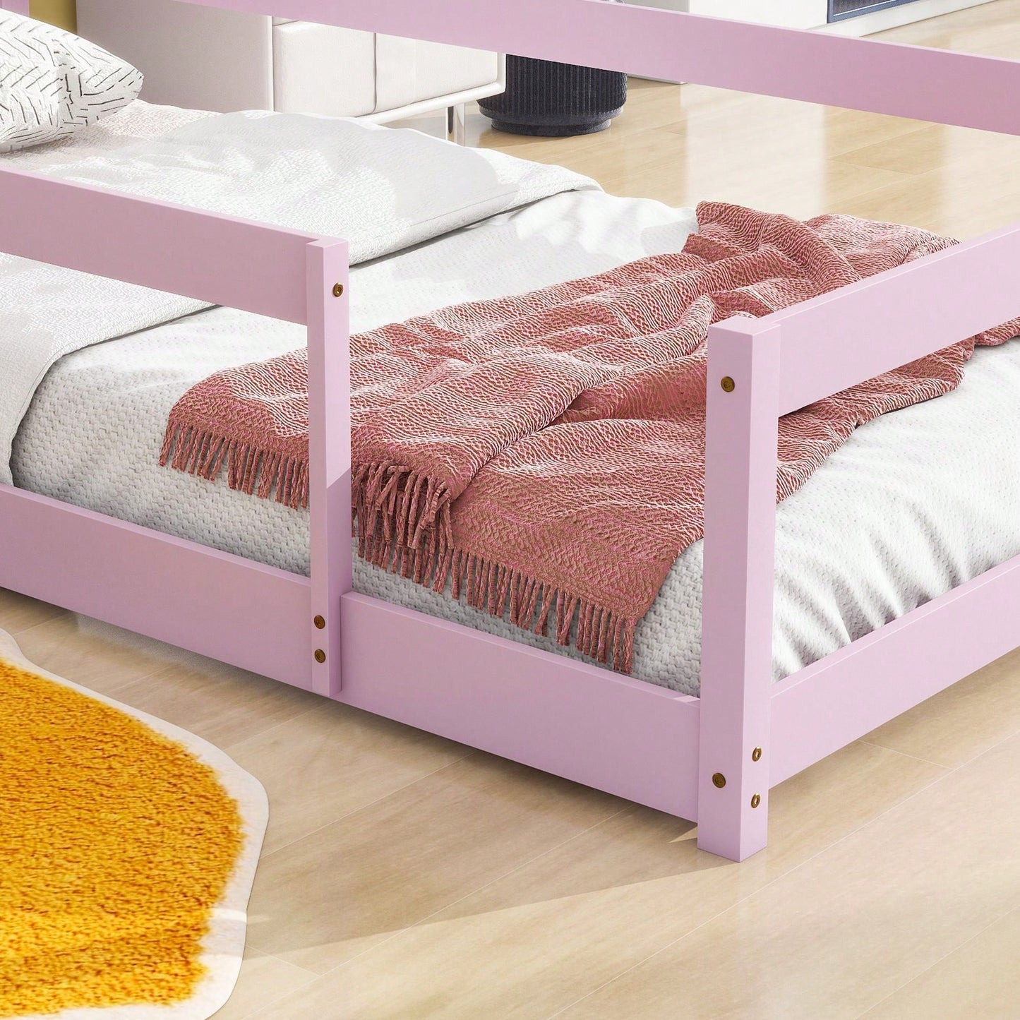 Twin Size Wood Bed With House-Shaped Headboard Floor Bed With Fences