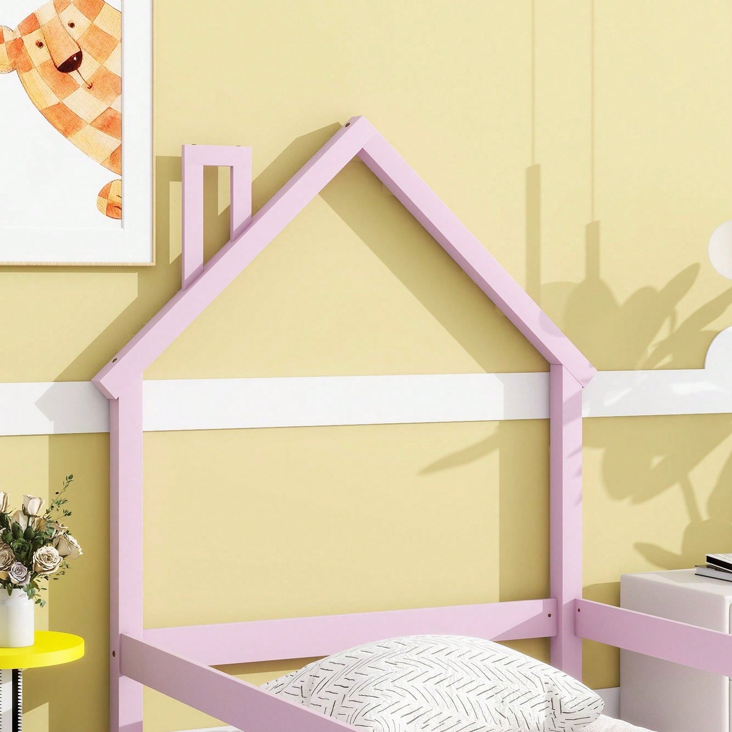 Twin Size Wood Bed With House-Shaped Headboard Floor Bed With Fences