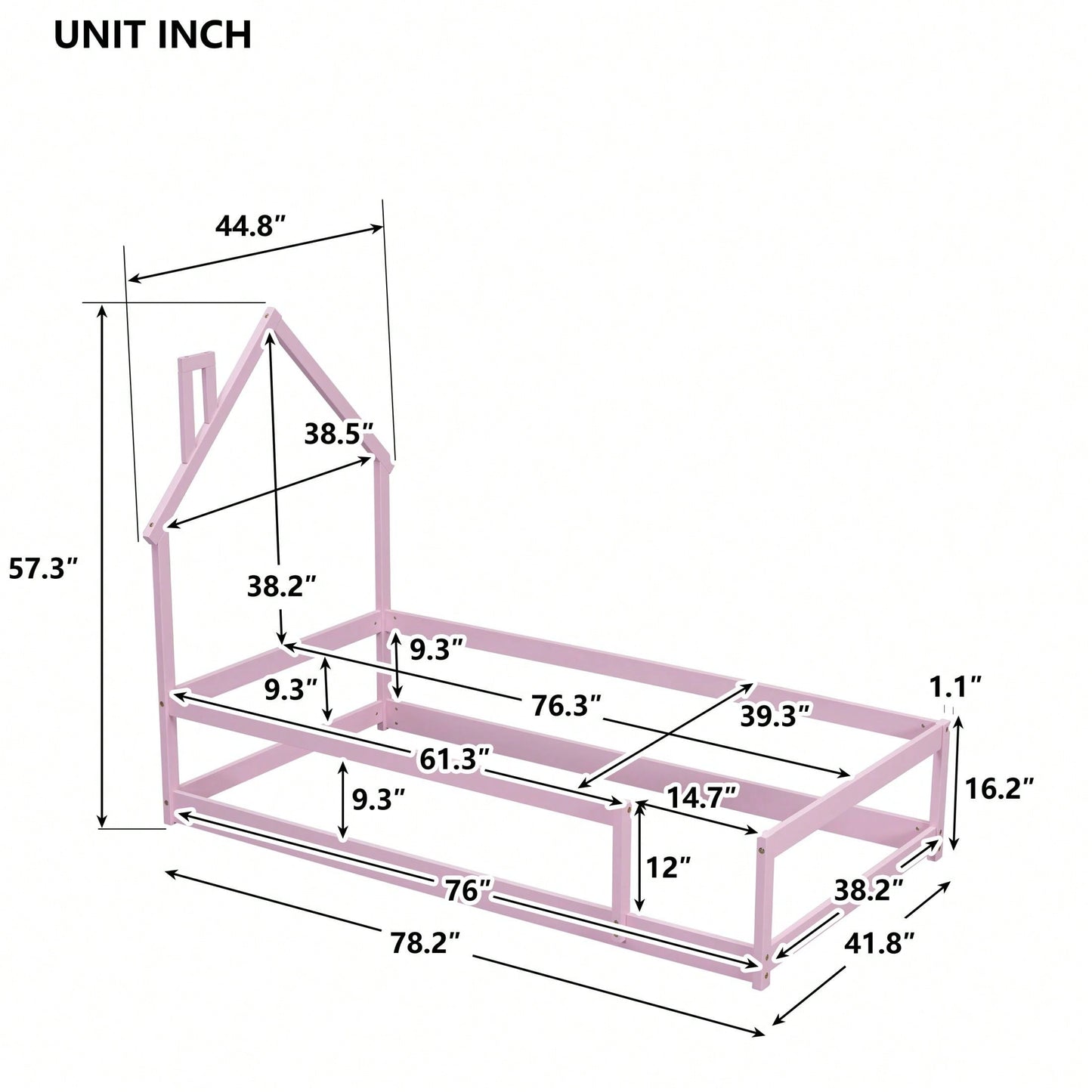 Twin Size Wood Bed With House-Shaped Headboard Floor Bed With Fences