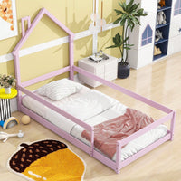 Twin Size Wood Bed With House-Shaped Headboard Floor Bed With Fences