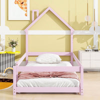 Twin Size Wood Bed With House-Shaped Headboard Floor Bed With Fences