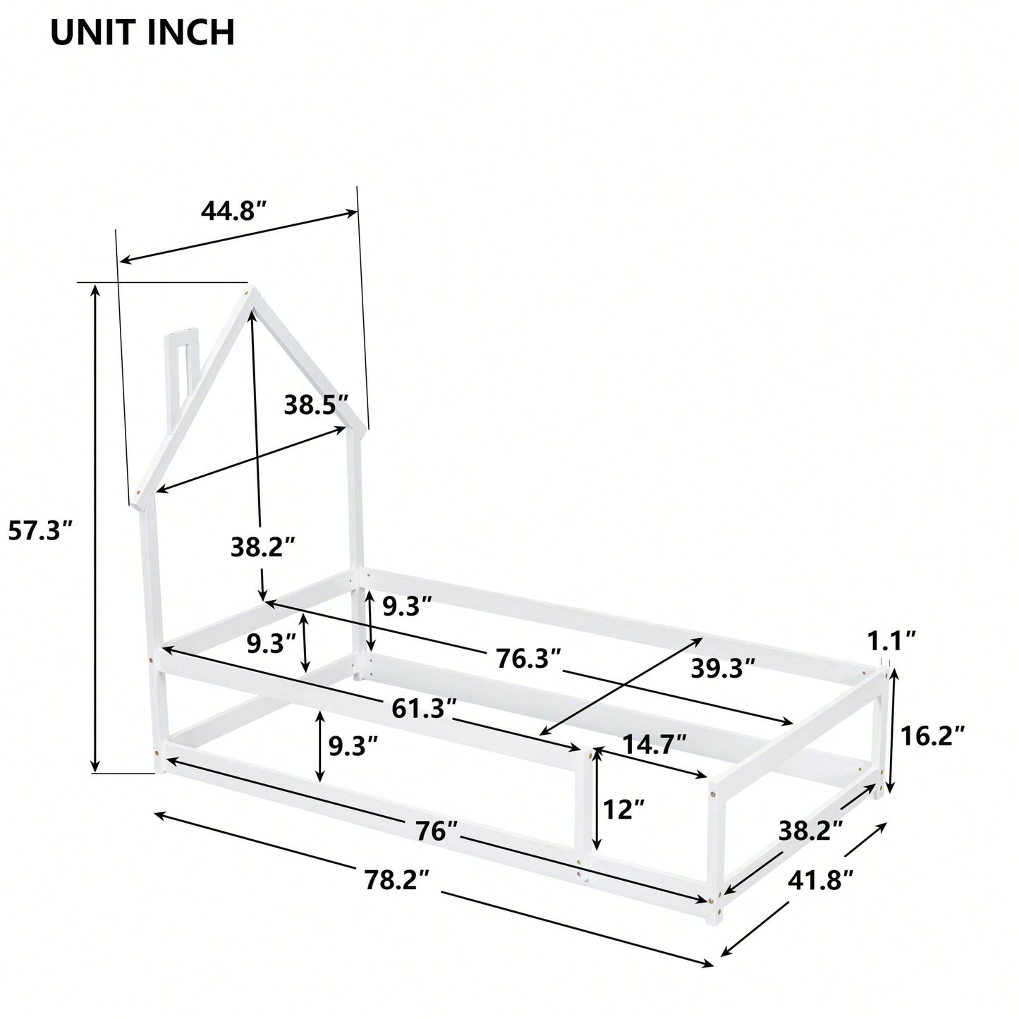 Twin Size Wood Bed With House-Shaped Headboard Floor Bed With Fences