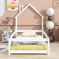 Twin Size Wood Bed With House-Shaped Headboard Floor Bed With Fences