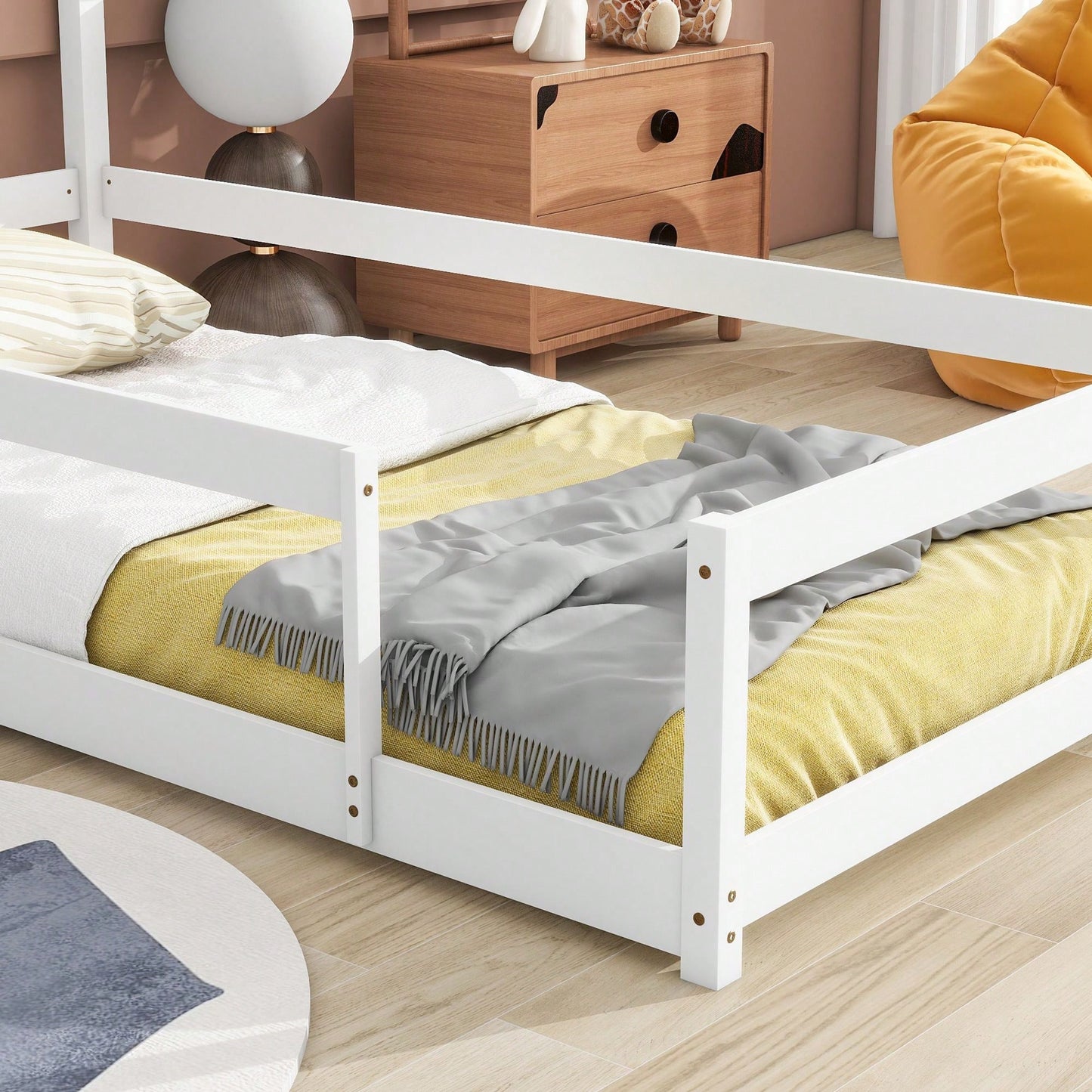 Twin Size Wood Bed With House-Shaped Headboard Floor Bed With Fences