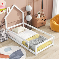 Twin Size Wood Bed With House-Shaped Headboard Floor Bed With Fences