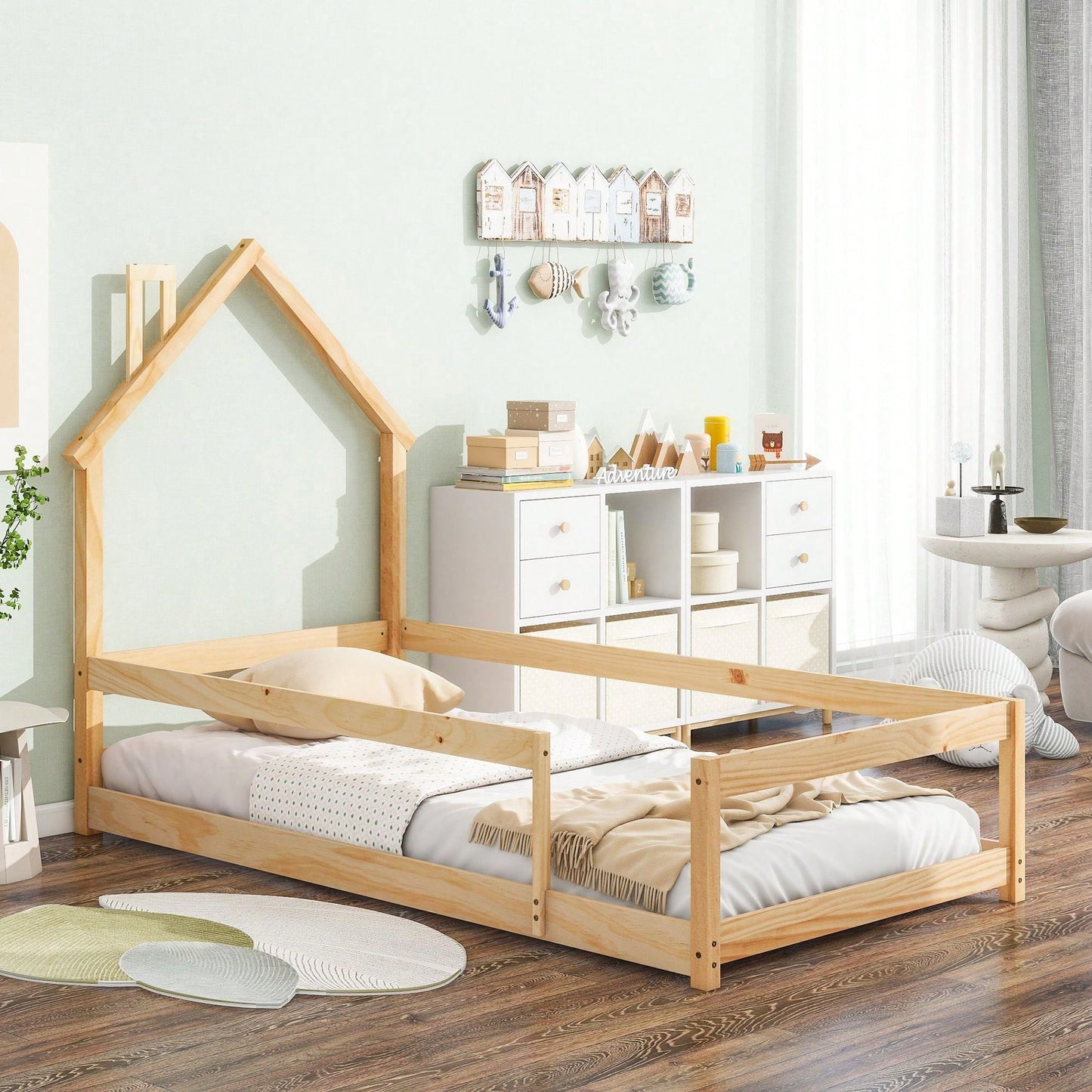 Twin Size Wood Bed With House-Shaped Headboard Floor Bed With Fences