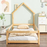 Twin Size Wood Bed With House-Shaped Headboard Floor Bed With Fences