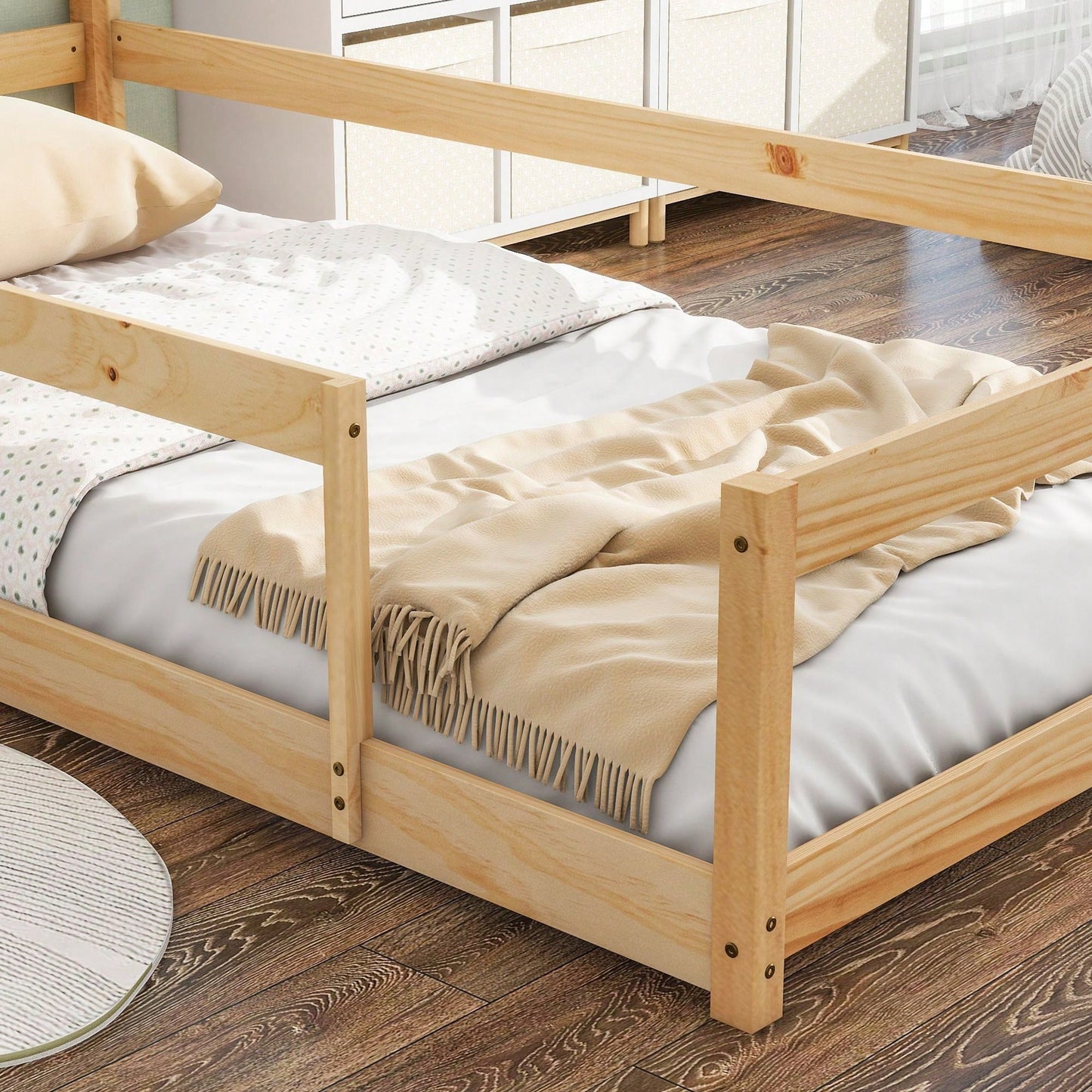 Twin Size Wood Bed With House-Shaped Headboard Floor Bed With Fences