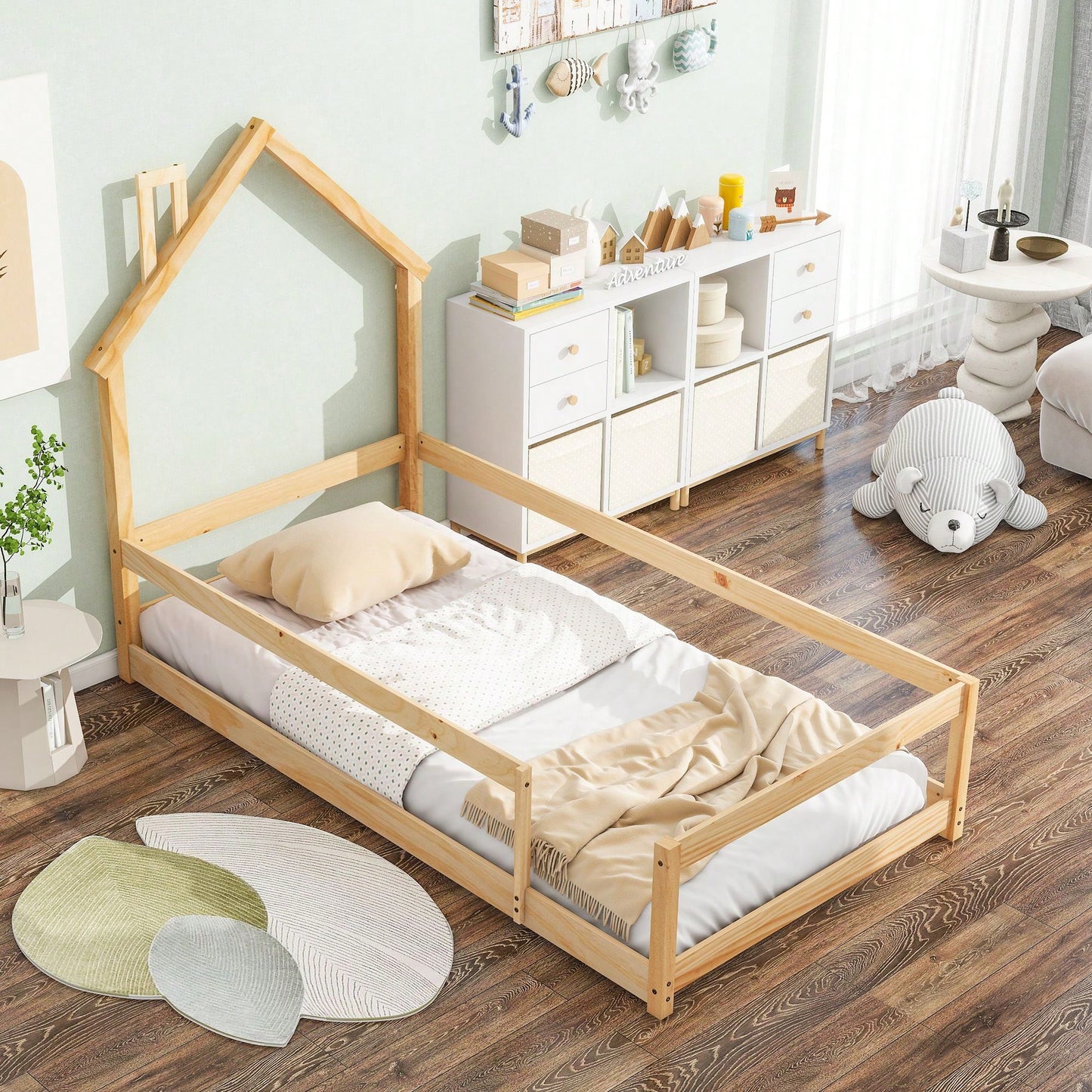 Twin Size Wood Bed With House-Shaped Headboard Floor Bed With Fences