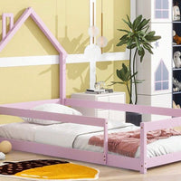 Twin Size Wood Bed With House-Shaped Headboard Floor Bed With Fences