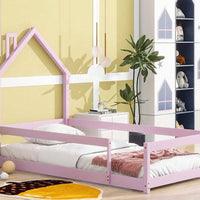 Twin Size Wood Bed With House-Shaped Headboard Floor Bed With Fences