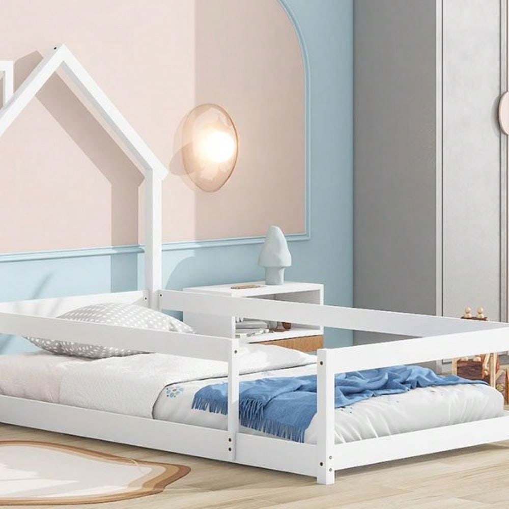 Twin Size Wood Bed With House-Shaped Headboard Floor Bed With Fences