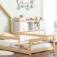 Twin Size Wood Bed With House-Shaped Headboard Floor Bed With Fences