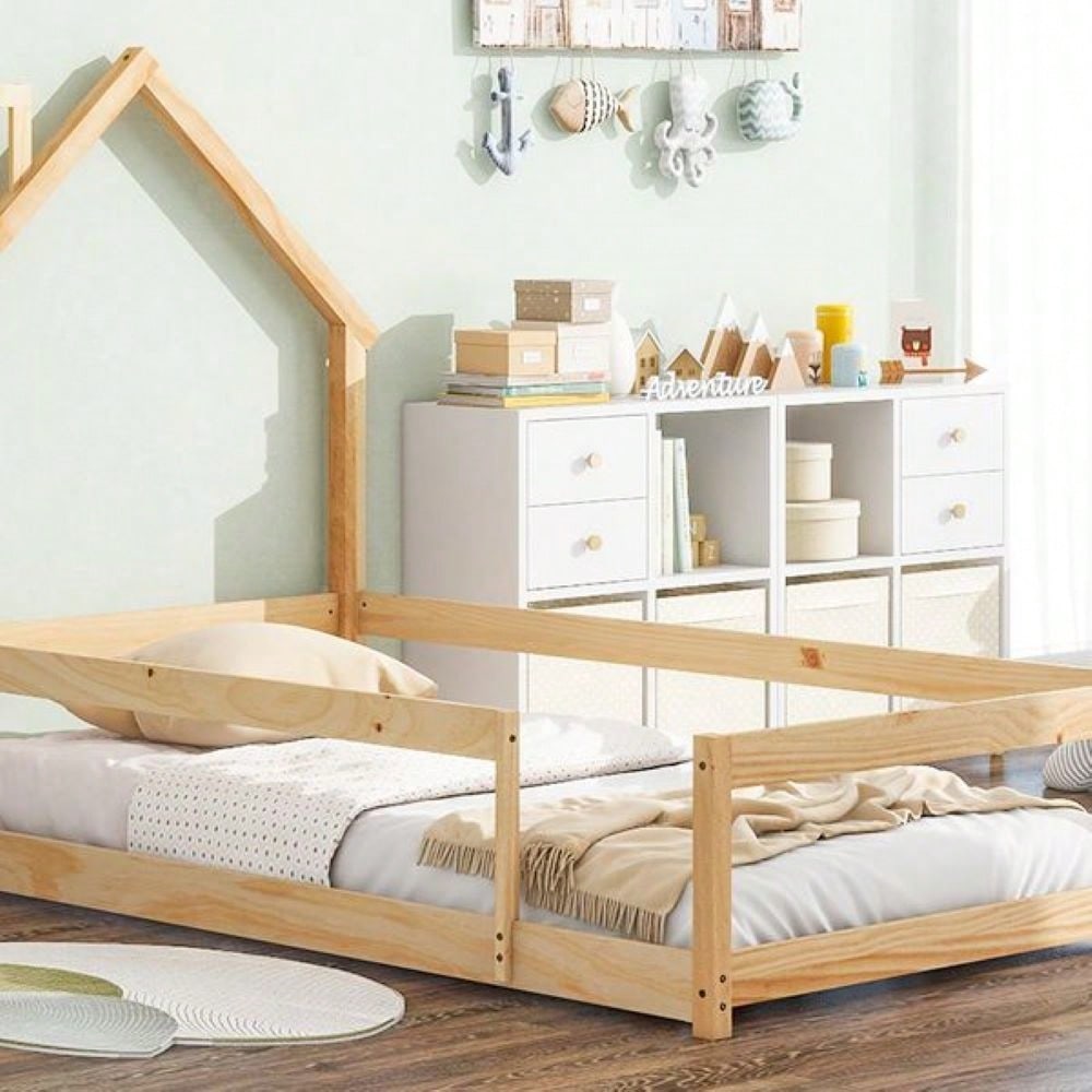 Twin Size Wood Bed With House-Shaped Headboard Floor Bed With Fences