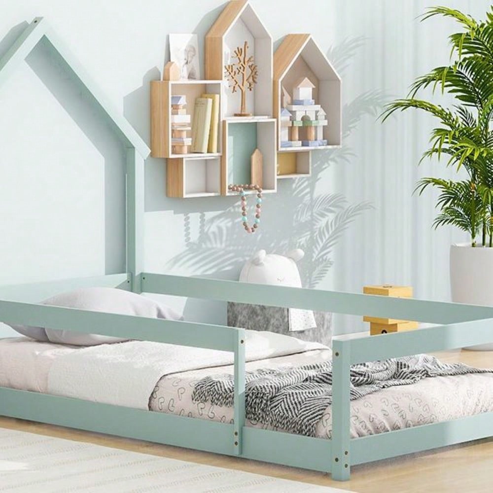 Twin Size Wood Bed With House-Shaped Headboard Floor Bed With Fences