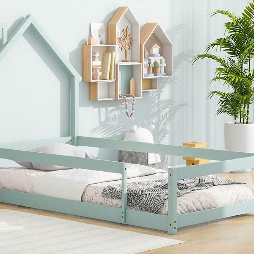 Twin Size Wood Bed With House-Shaped Headboard Floor Bed With Fences