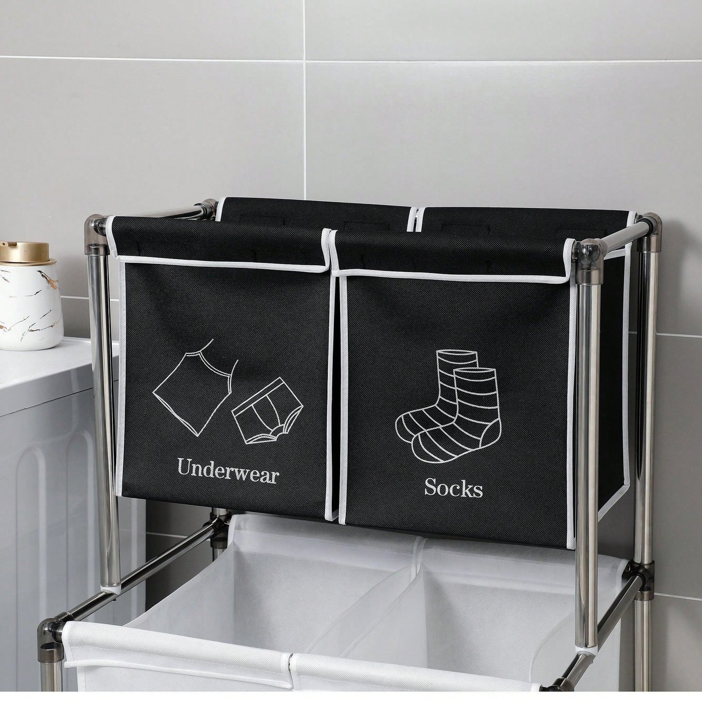 2 Tier Laundry Sorter With 4 Removable Bags For Organizing Clothes, Laundry, Lights, Darks