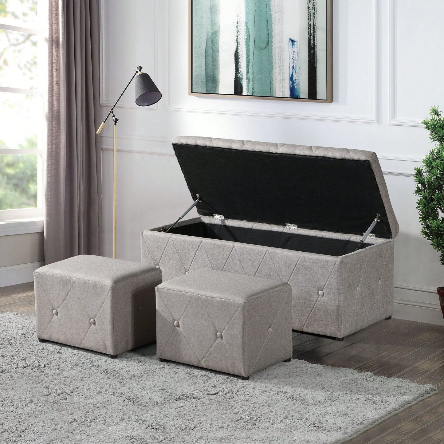 Rectangular Storage Ottoman Fabric Linen With 2 Set Ottomans