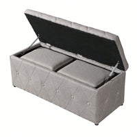 Rectangular Storage Ottoman Fabric Linen With 2 Set Ottomans