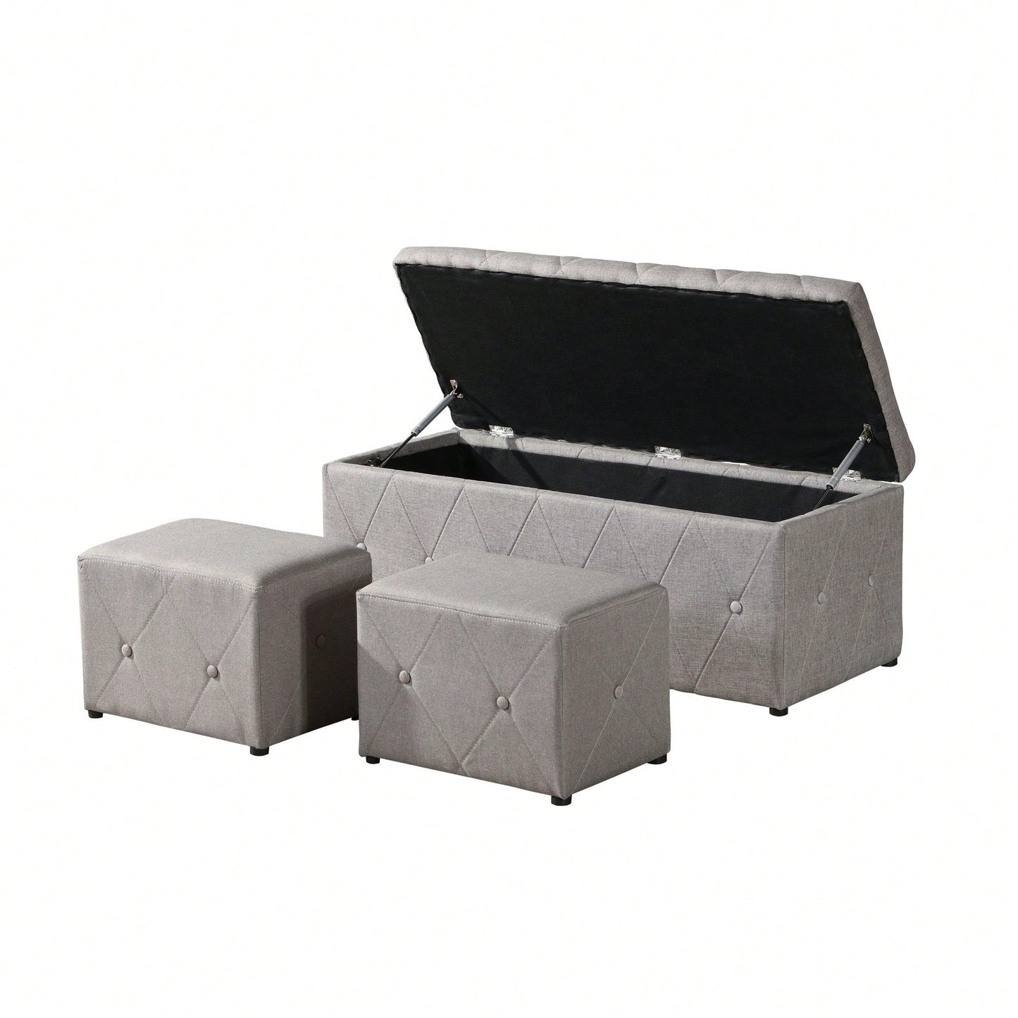 Rectangular Storage Ottoman Fabric Linen With 2 Set Ottomans