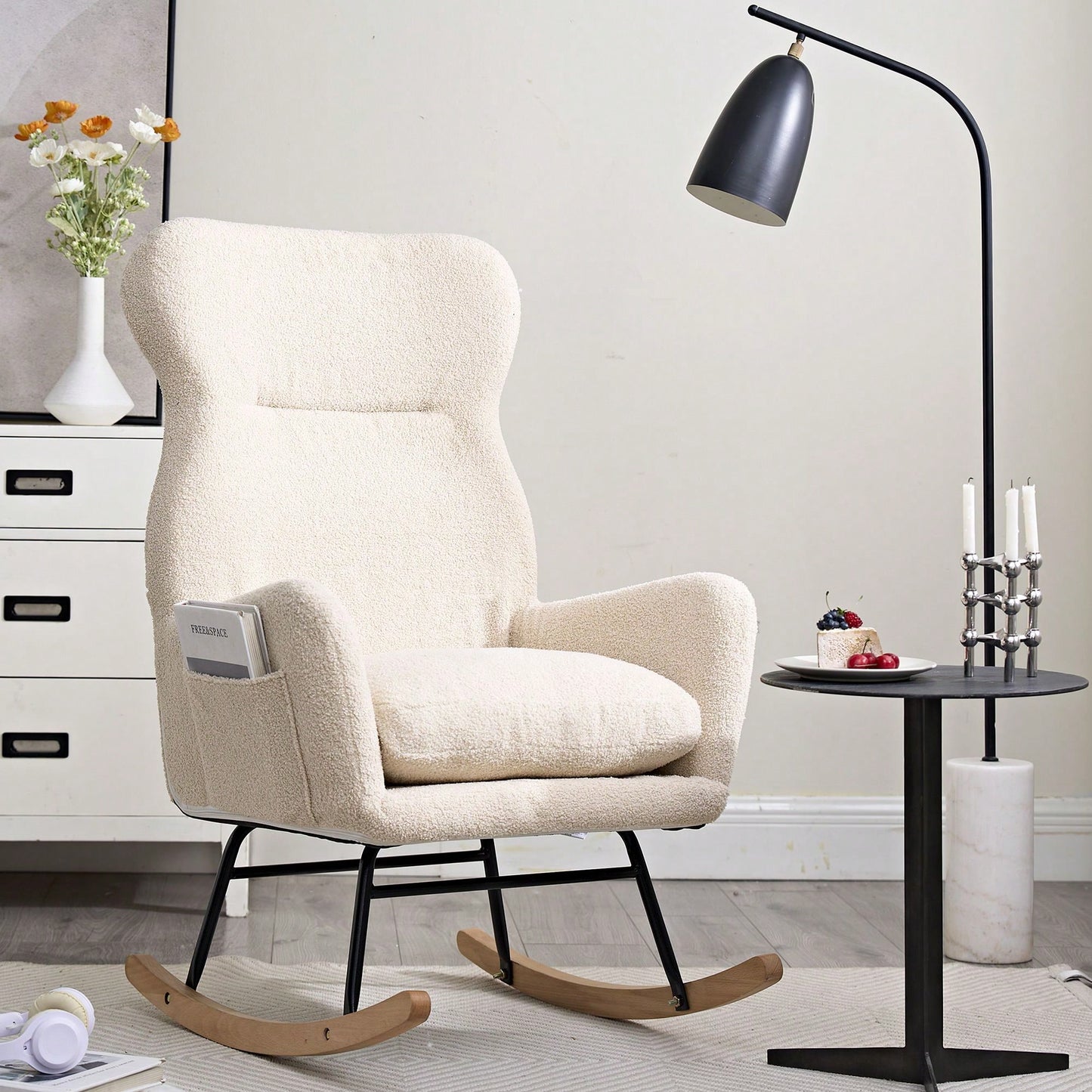 Modern Rocking Chair With High Backrest,Teddy Material Comfort Arm Rocker, Lounge Armchair For Living Room