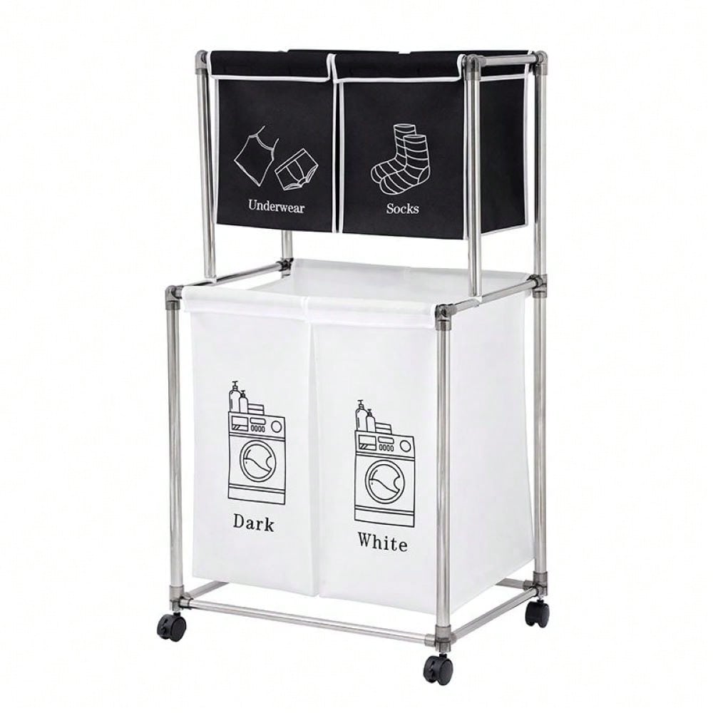 2 Tier Clothes Sorter With 4 Removable Bags To Organize Clothes, With Four Wheels, Easy To Move, Laundry, Light, Dark